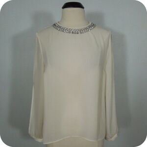 JENNIFER LOPEZ Blouse size PL Womens Sheer Ivory Embellished Neck Split Sleeves